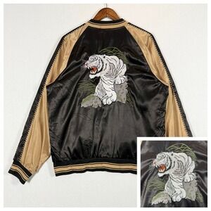 Embroidered Tiger Souvenir Satin Bomber Jacket EPTM Mens Large Black Gold